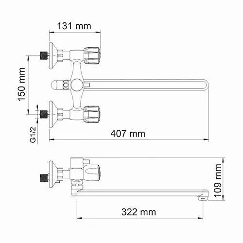 Габаритная схема Смеситель Wasserkraft Amper 2902L для ванны с душем