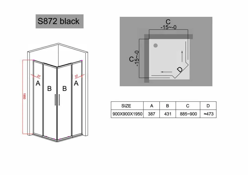Габаритная схема Душевой уголок Black&White Stellar Wind S872 90х90 см