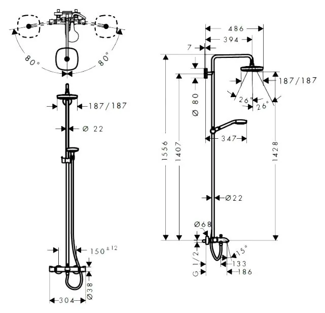 Габаритная схема Душевая стойка Hansgrohe Croma Select S 27351400