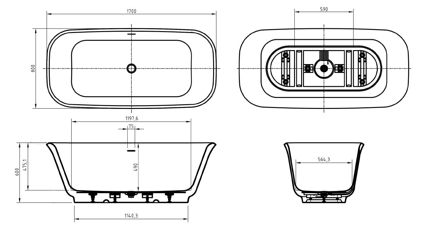 Габаритная схема Акриловая ванна BelBagno Due BB702-1700-800-K 170x80