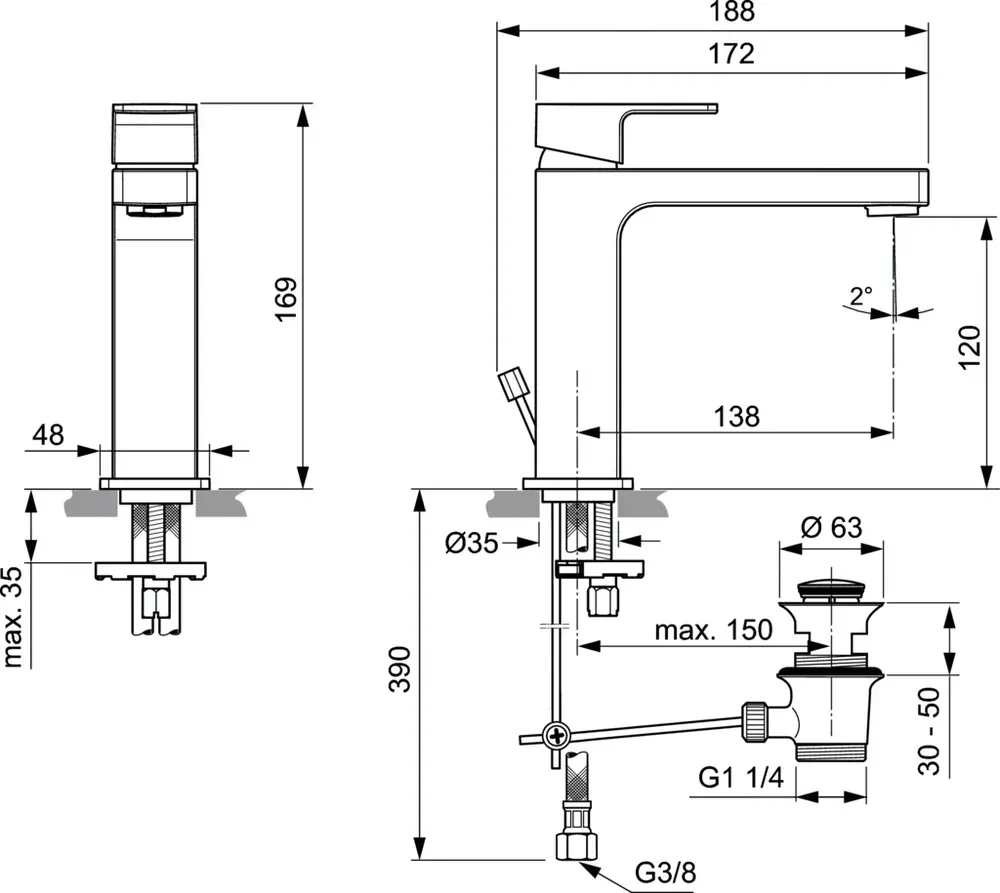 Габаритная схема Смеситель Ideal Standard Edge A7106AA для раковины