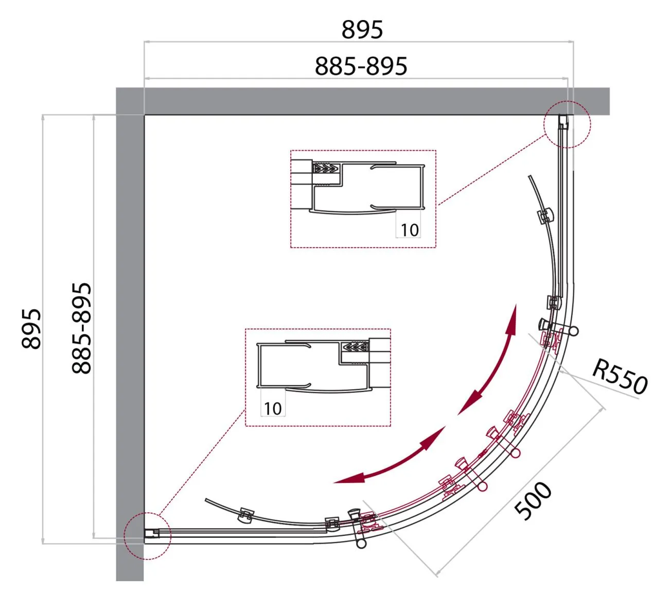 Габаритная схема Душевой уголок BelBagno Uno 195-R-2-90-C-Cr
