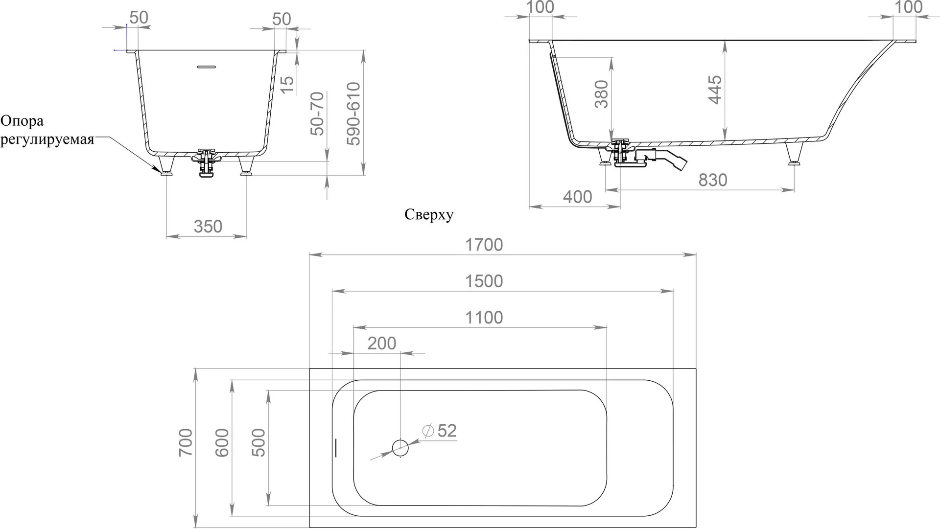 Габаритная схема Ванна из искусственного камня Salini Orlando Kit 102111G 170х70