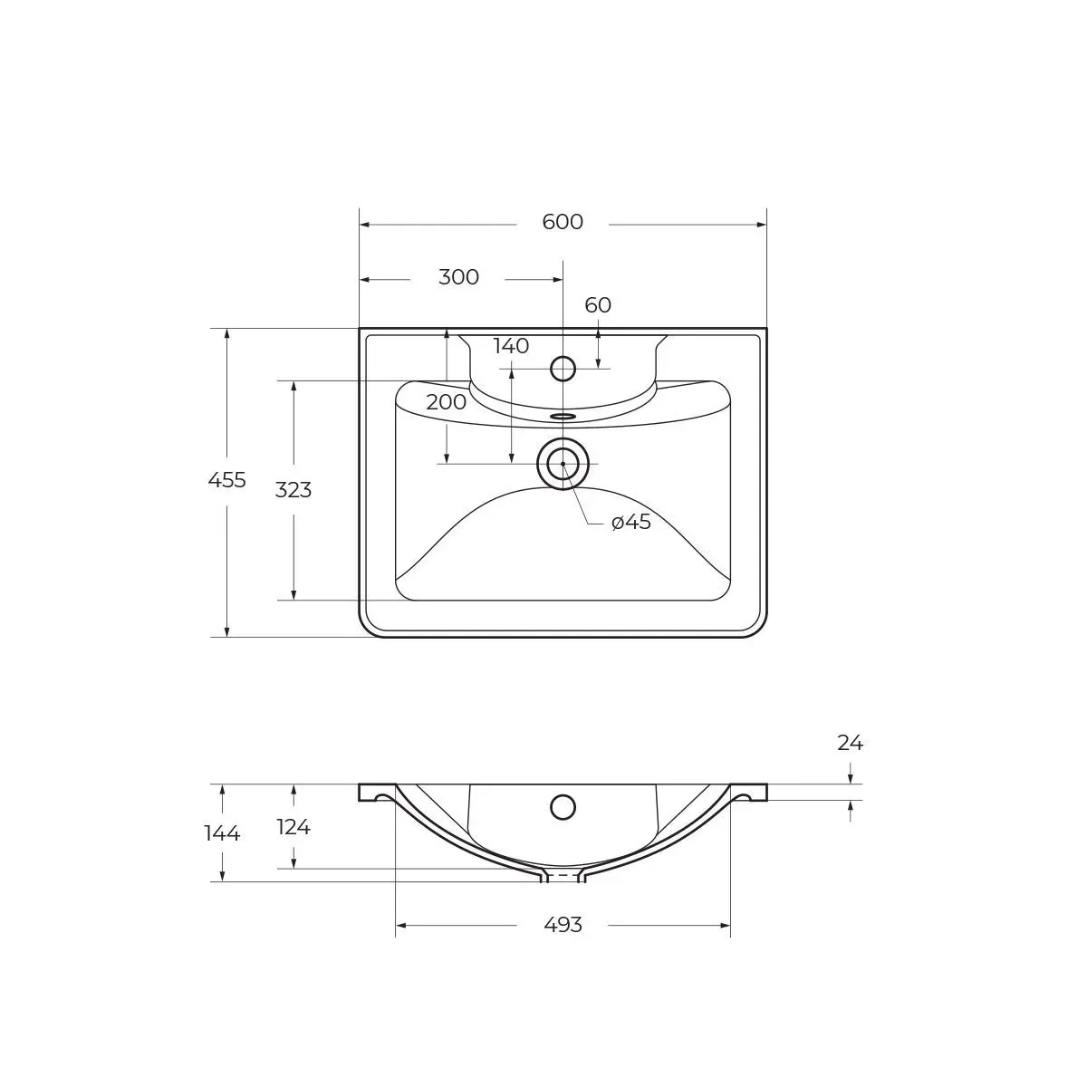 Габаритная схема Мебельная раковина BelBagno BB600/455-LV-MR-ALR 60 см