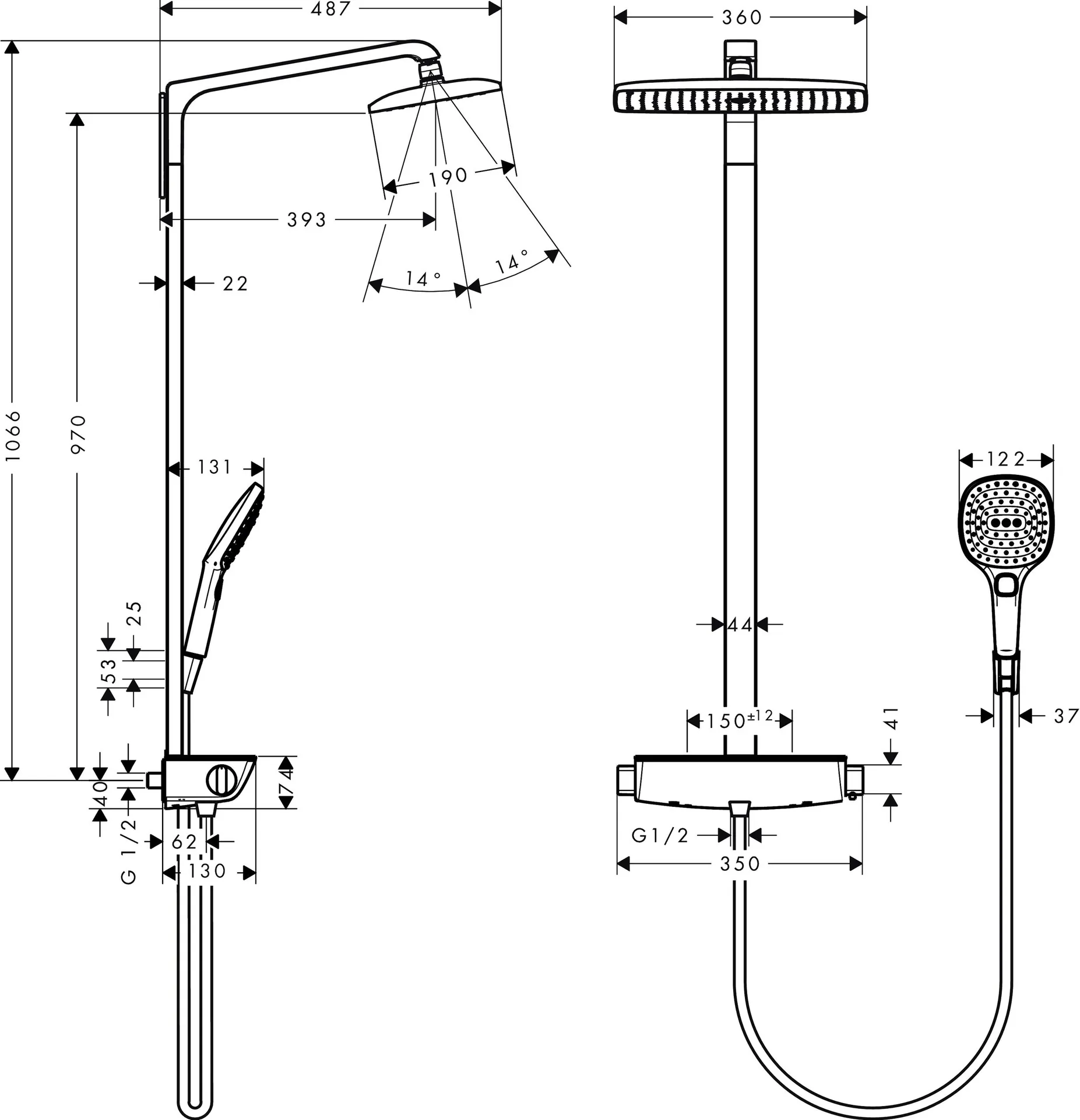 Габаритная схема Душевая стойка Hansgrohe Raindance Select E 27112000