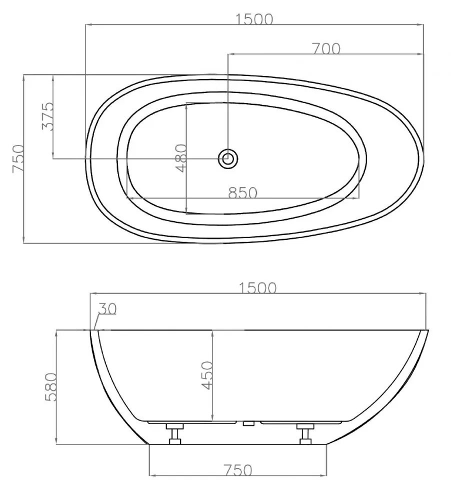 Габаритная схема Акриловая ванна Abber AB9356-1.5 150x75