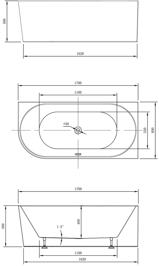 Габаритная схема Акриловая ванна Vincea VBT-402-1700R 170x80