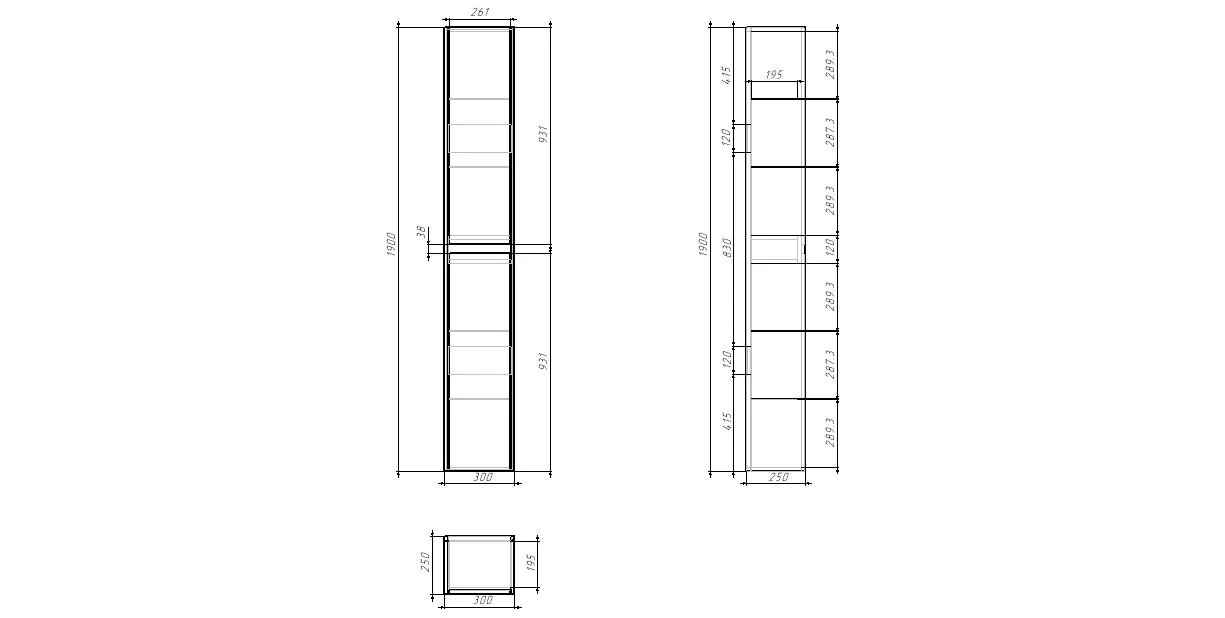 Габаритная схема Шкаф-пенал Dreja Slim 30 белый глянец/бетон