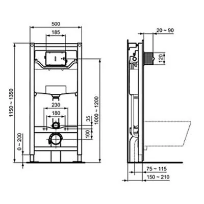 Габаритная схема Комплект Ideal Standard Tesi T3868V1 (подвесной унитаз + инсталляция + сиденье)