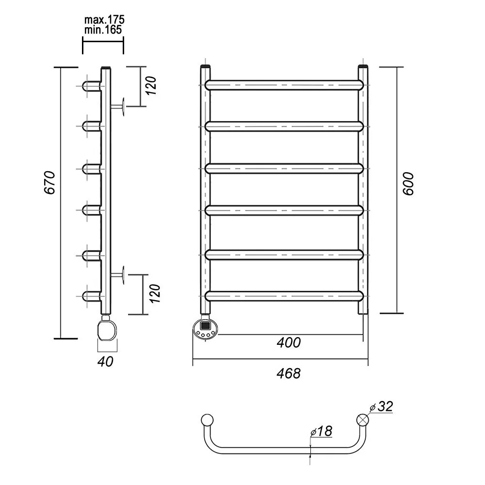Габаритная схема Полотенцесушитель электрический Domoterm Стефано П6 40x60 L хром