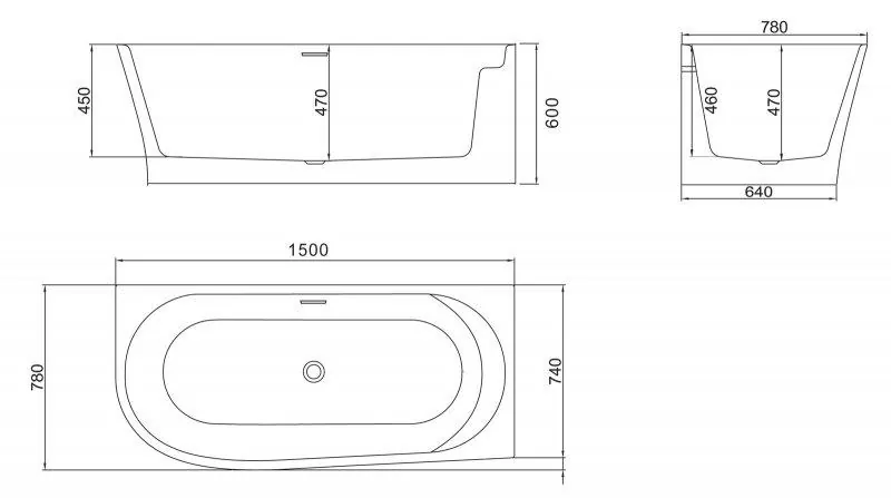Габаритная схема Акриловая ванна BelBagno BB410-1500-780-R 150х78