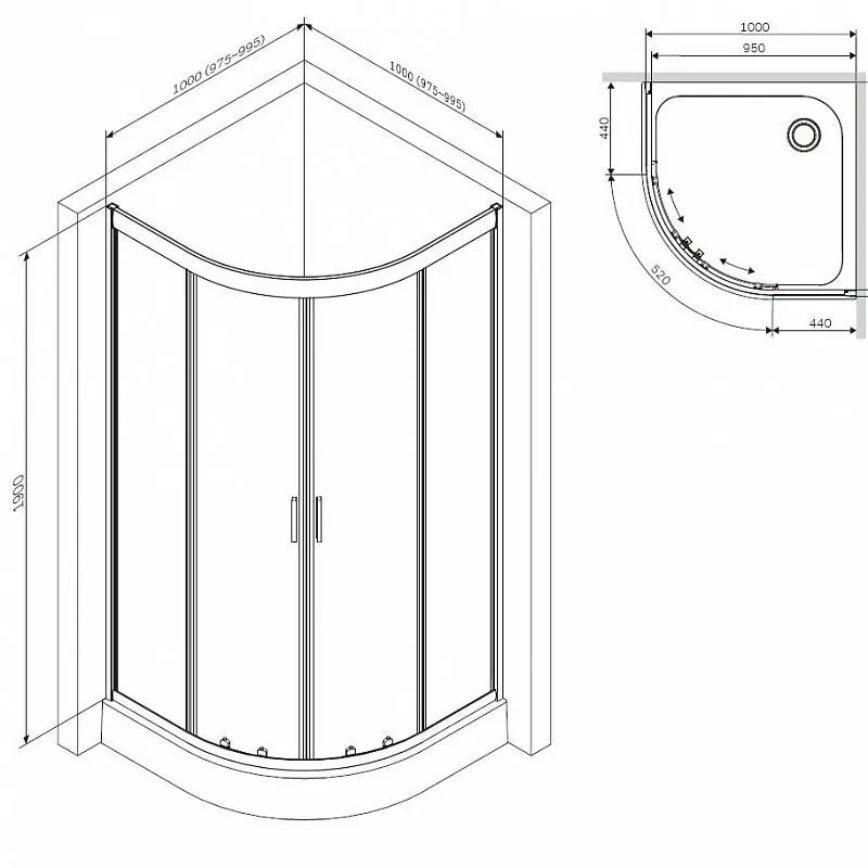 Габаритная схема Душевой уголок AM.PM Gem W90G-401-100WT