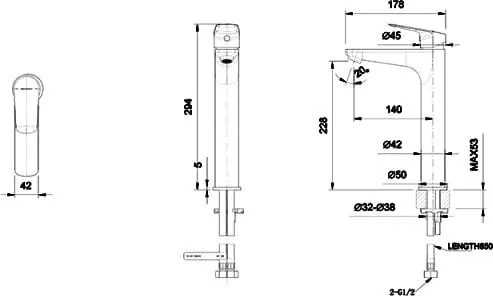 Габаритная схема Смеситель Bravat Rhein F1429564CP-A-ENG для раковины