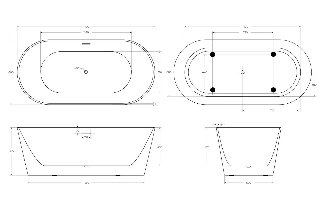 Габаритная схема Акриловая ванна BelBagno BB416-1700-800 170х80
