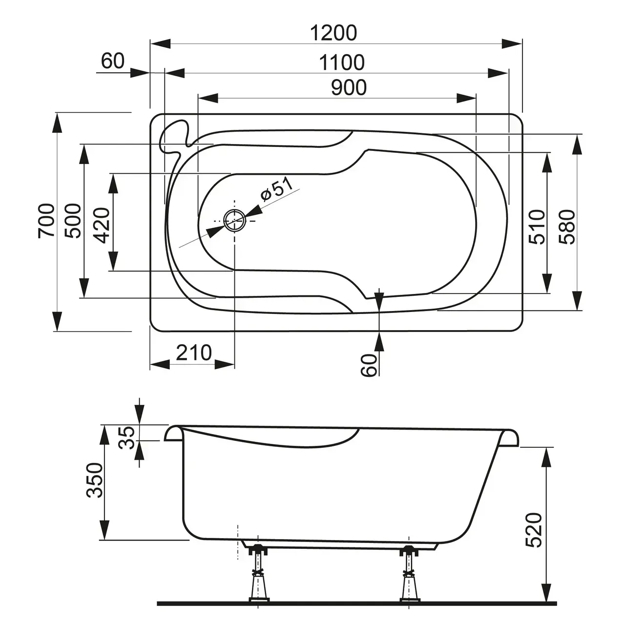 Габаритная схема Акриловая ванна Vagnerplast Nike 120х70