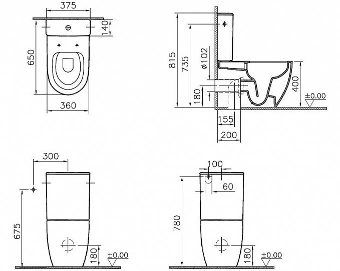 Габаритная схема Унитаз-компакт Vitra Sento 9830B003-7203 безободковый