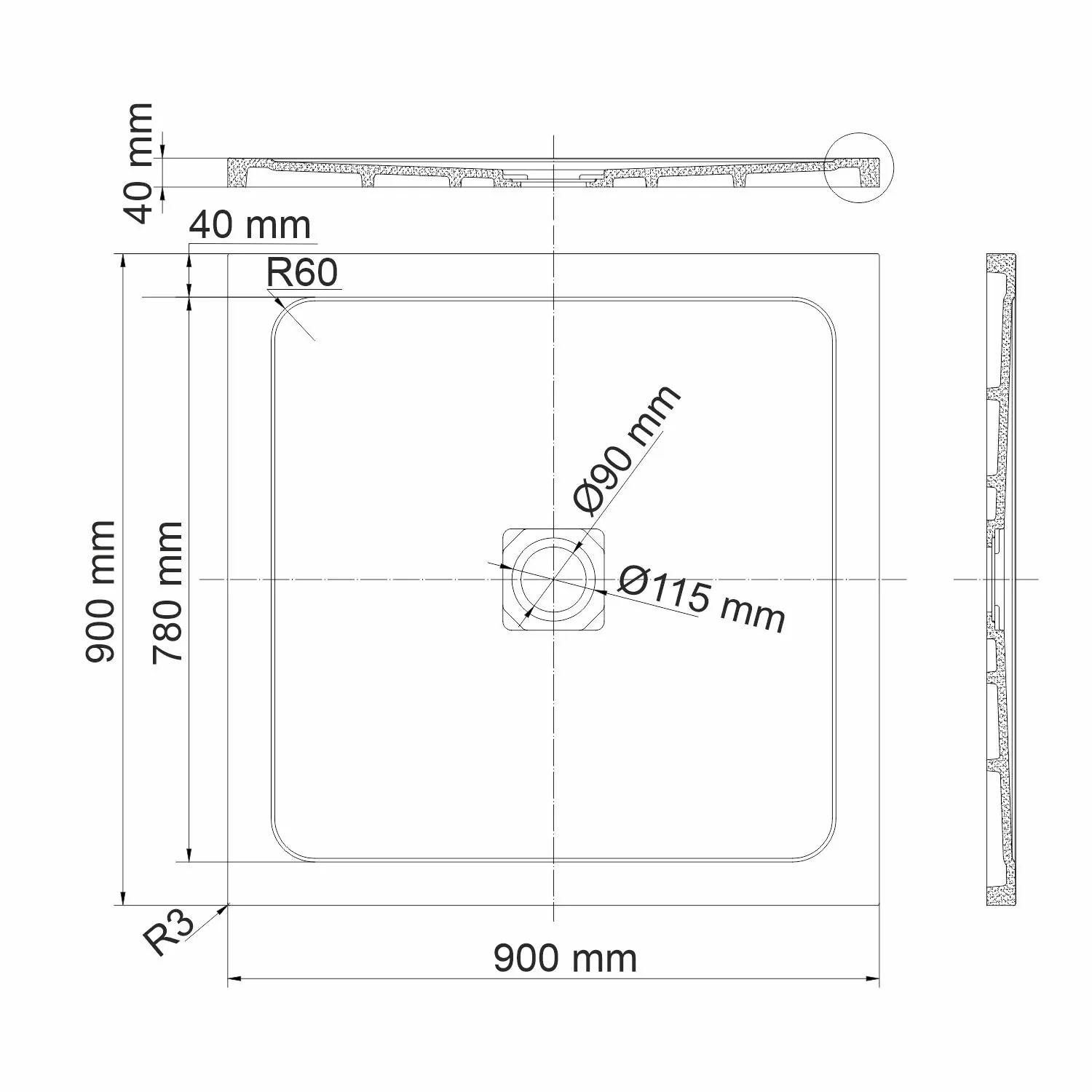 Габаритная схема Поддон для душа Wasserkraft Dinkel 58T03 90x90