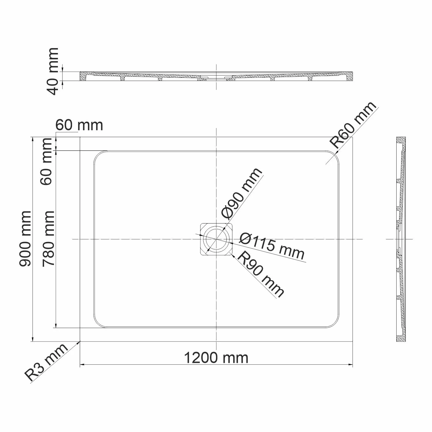 Габаритная схема Поддон для душа Wasserkraft Dinkel 58T07 120x90
