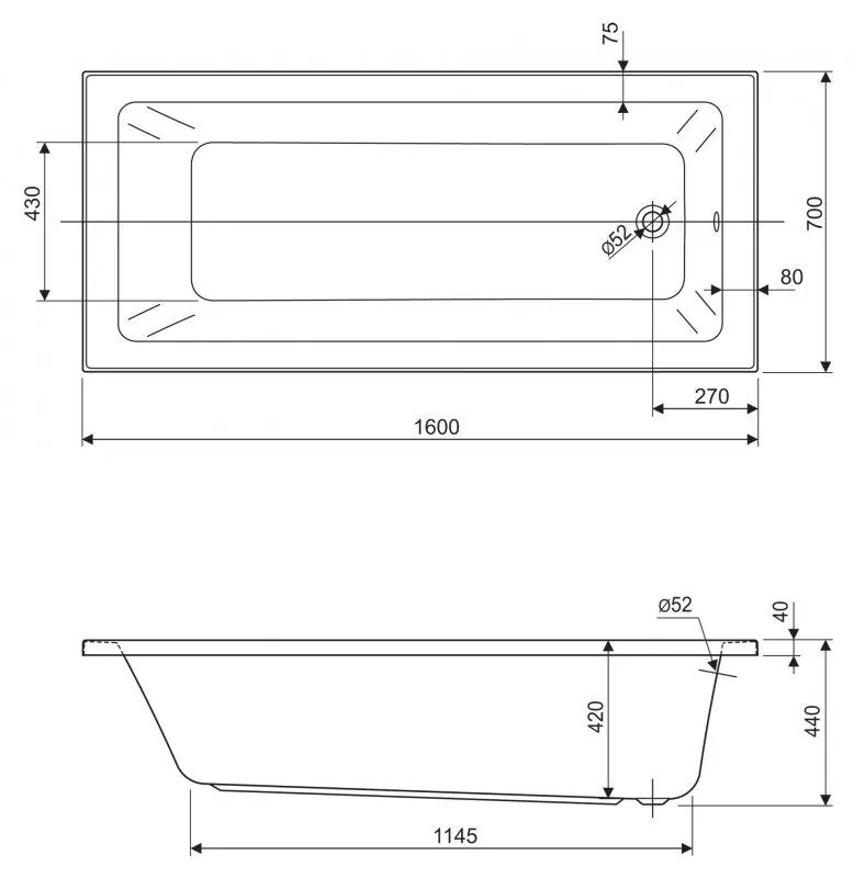 Габаритная схема Акриловая ванна Cezares Plane Solo Mini 160-70-42 160х70