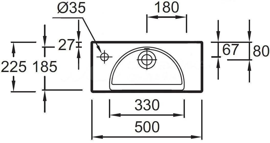 Габаритная схема Рукомойник Jacob Delafon Odeon Rive Gauche EGO112-55-00 L