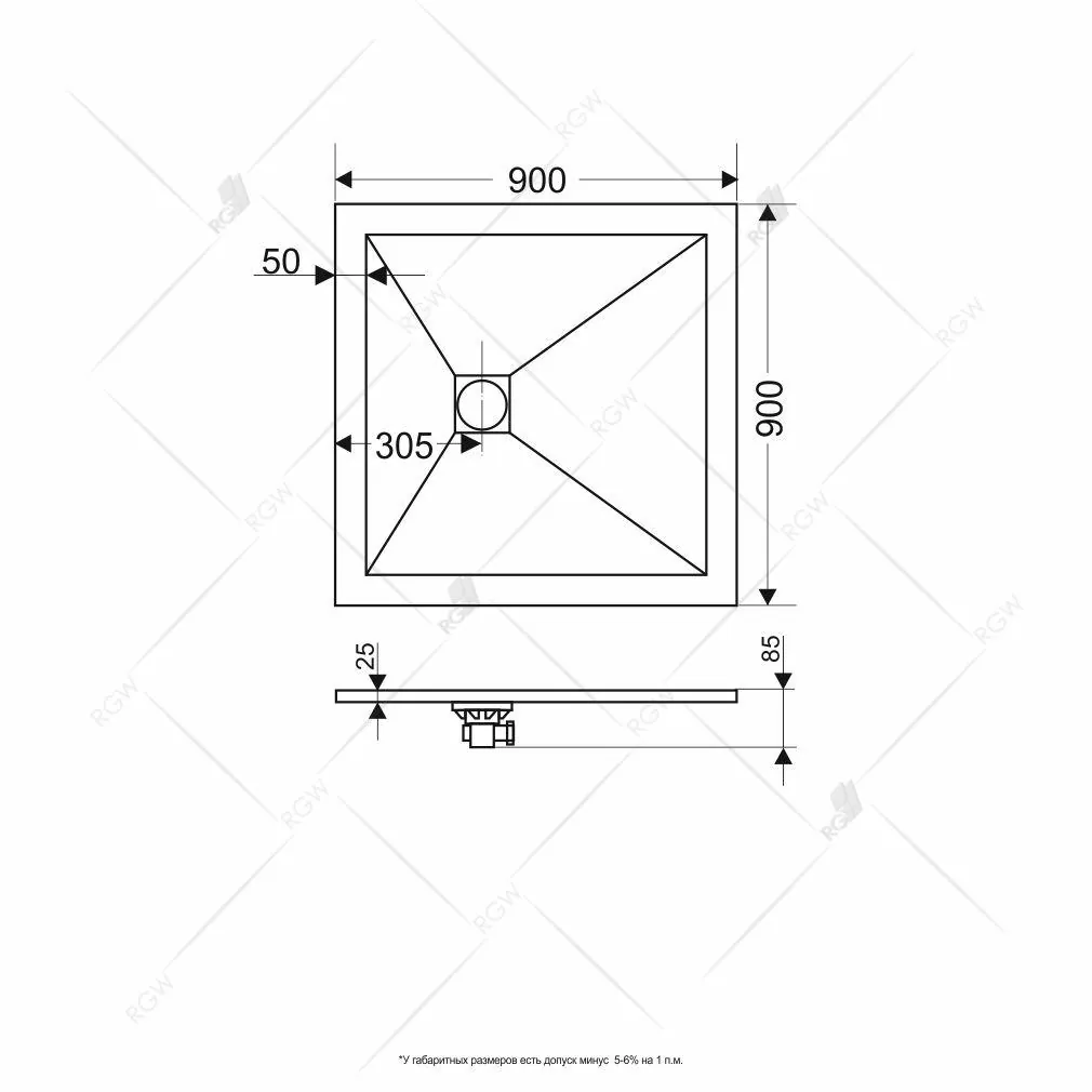 Габаритная схема Поддон для душа RGW Stone Tray ST-Be 90x90