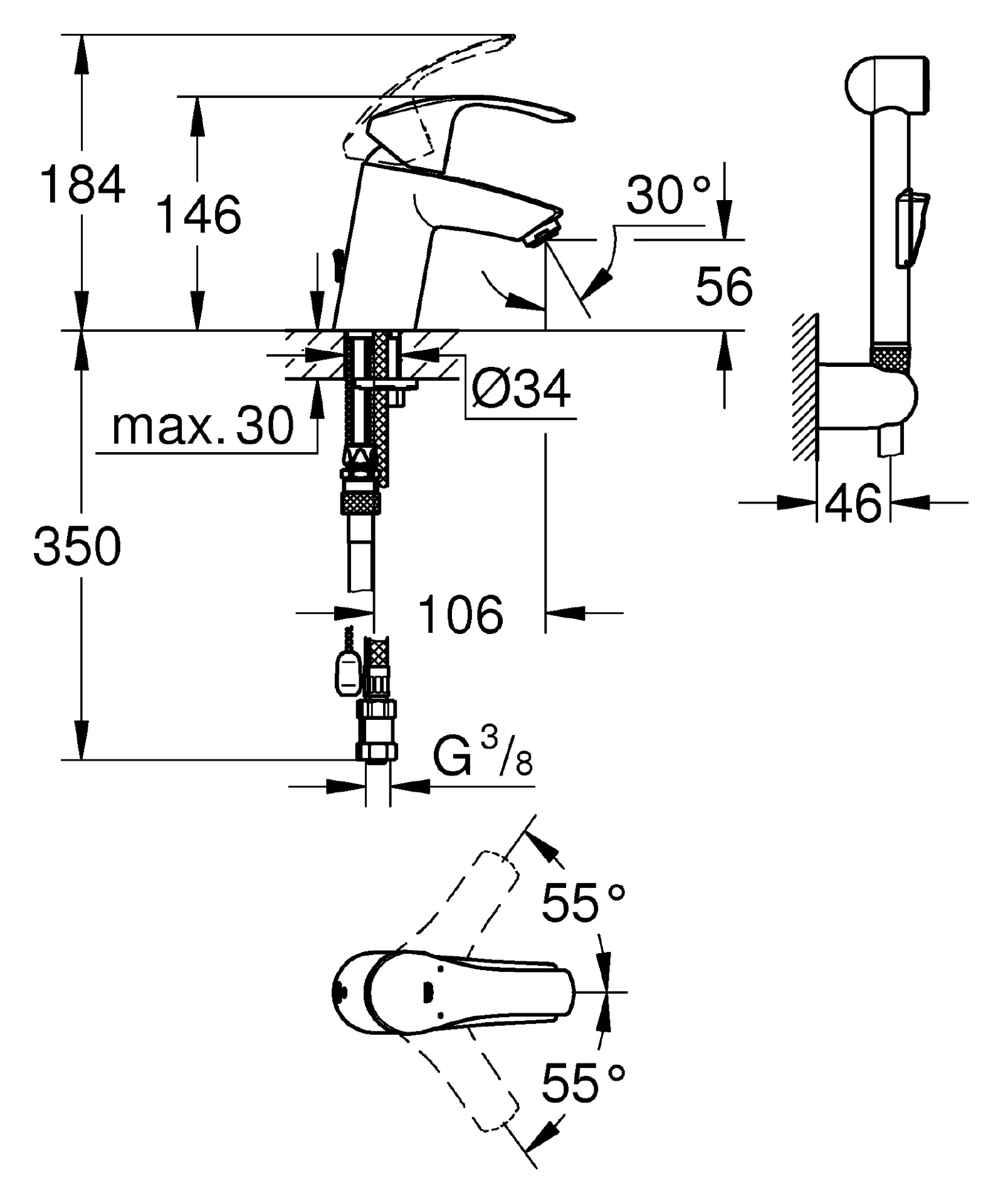 Габаритная схема Смеситель Grohe Eurosmart New 23124002 для раковины с гигиеническим душем