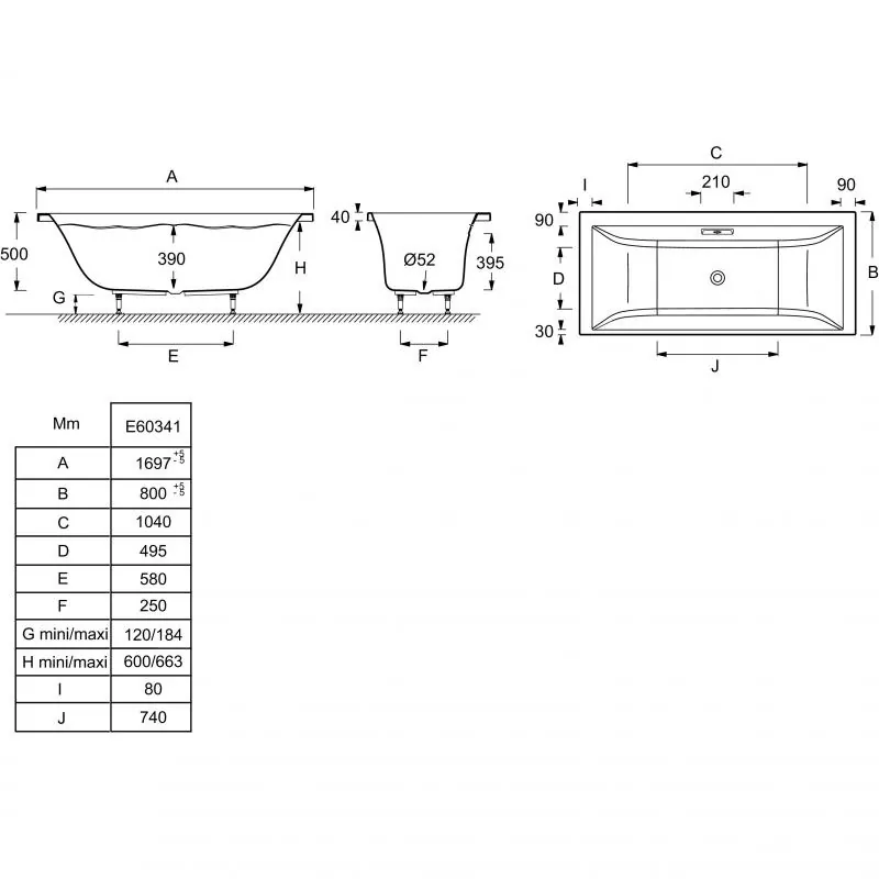 Габаритная схема Акриловая ванна Jacob Delafon Evok E60341-00 170х80
