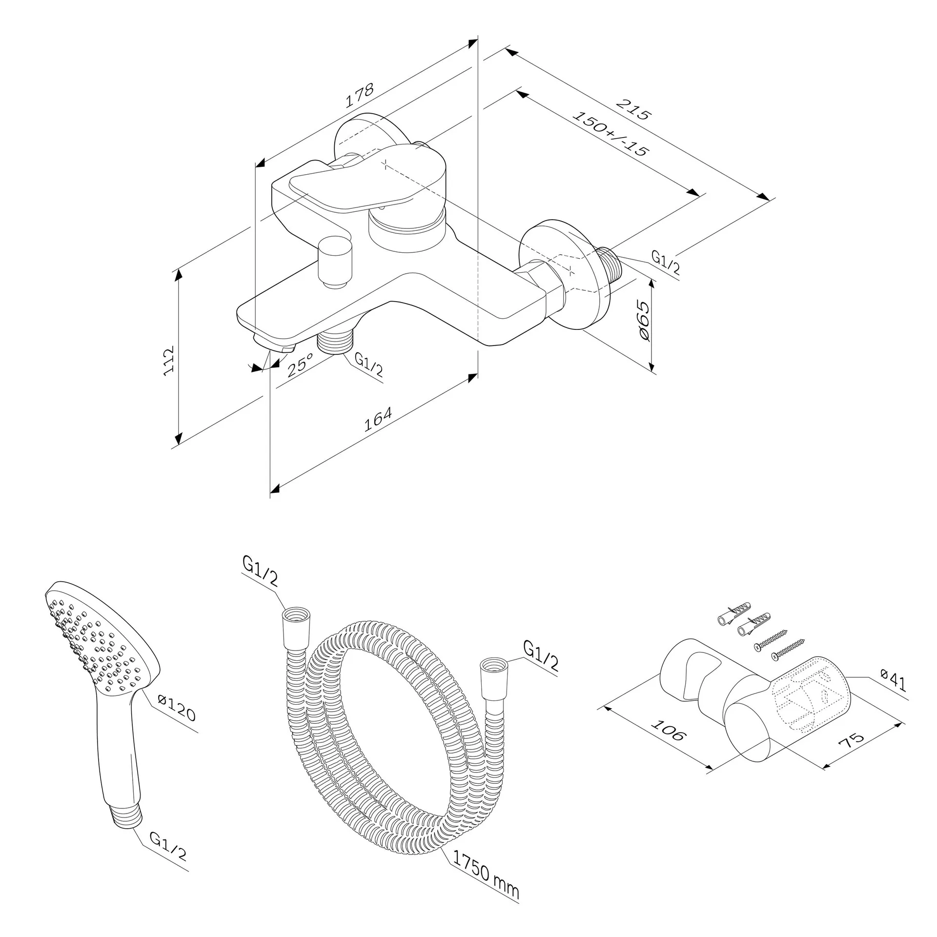 Габаритная схема Смеситель AM.PM X-Joy F85A15000 для ванны с душем