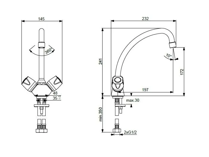 Габаритная схема Смеситель Vidima Iskar BA168AA для кухонной мойки