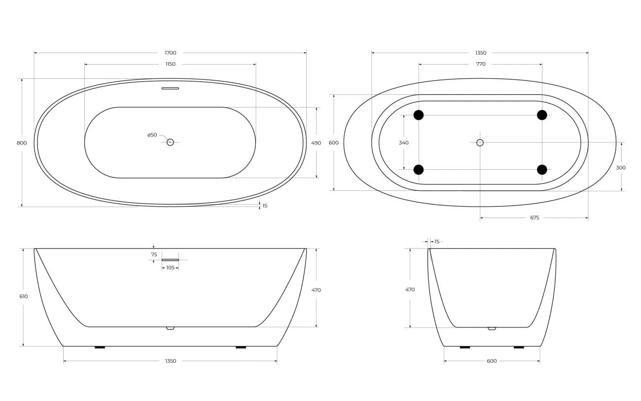 Габаритная схема Акриловая ванна BelBagno BB414-1700-800 170х80