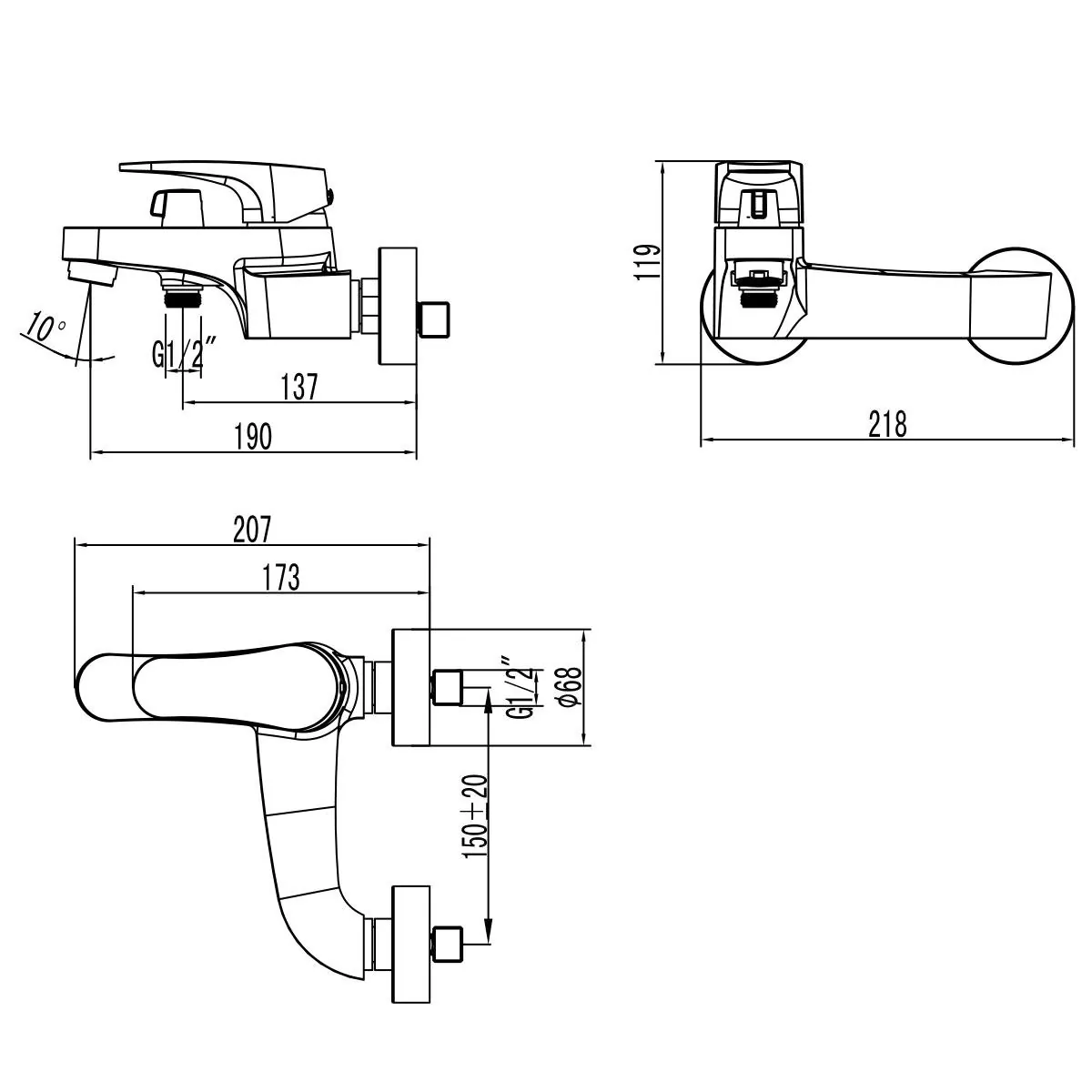 Габаритная схема Смеситель Lemark Shift LM4334C для ванны с душем