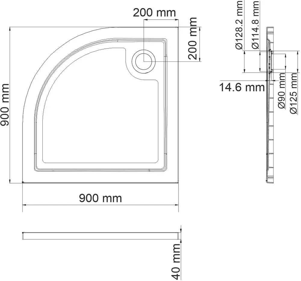 Габаритная схема Поддон для душа Wasserkraft Salm 27T01 90х90 см