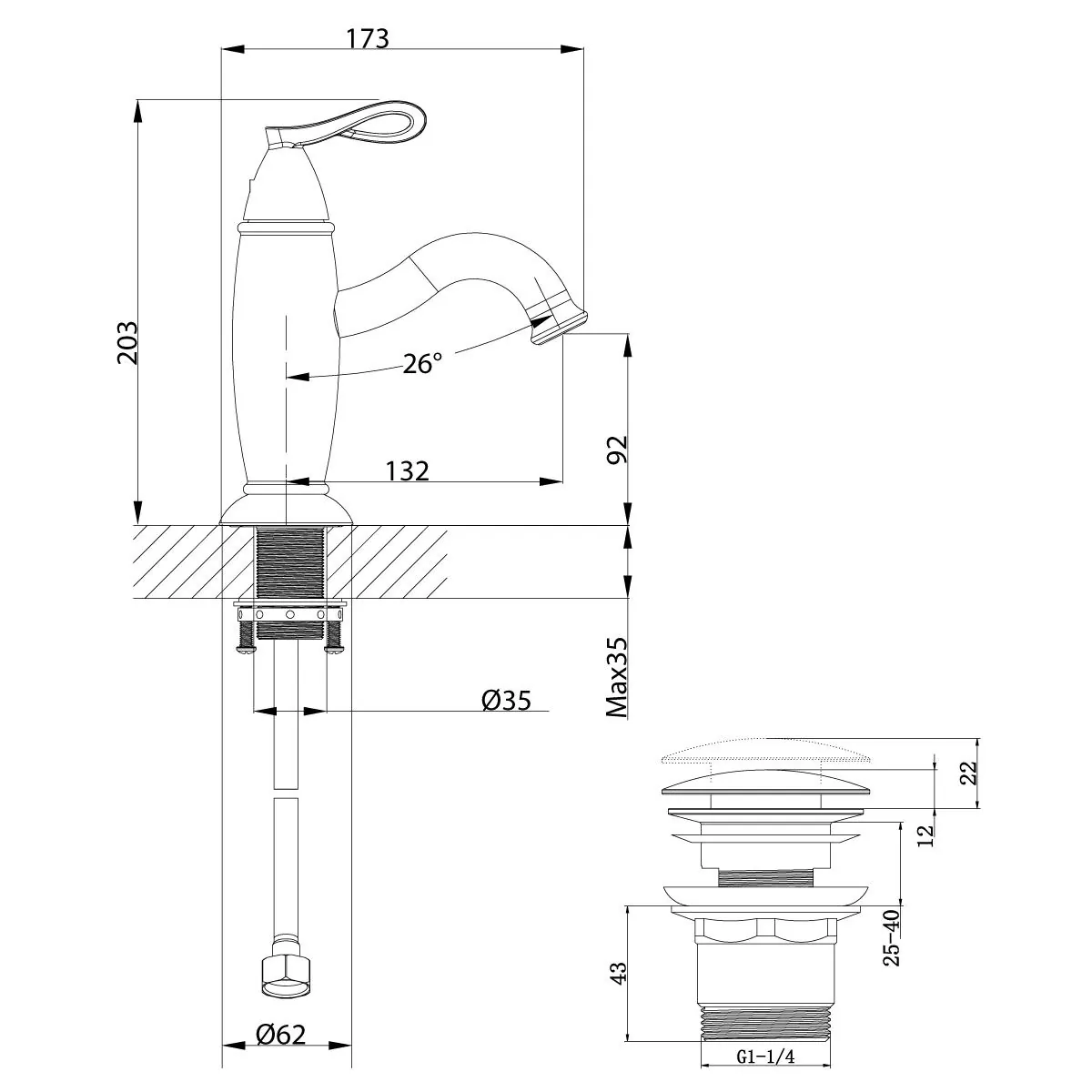 Габаритная схема Смеситель Lemark Prime LM6106BRG для раковины