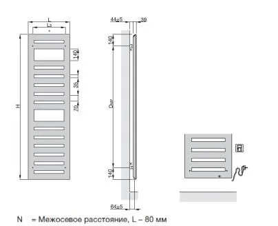 Габаритная схема Полотенцесушитель электрический Zehnder Metropolitan Spa 50х120 черный