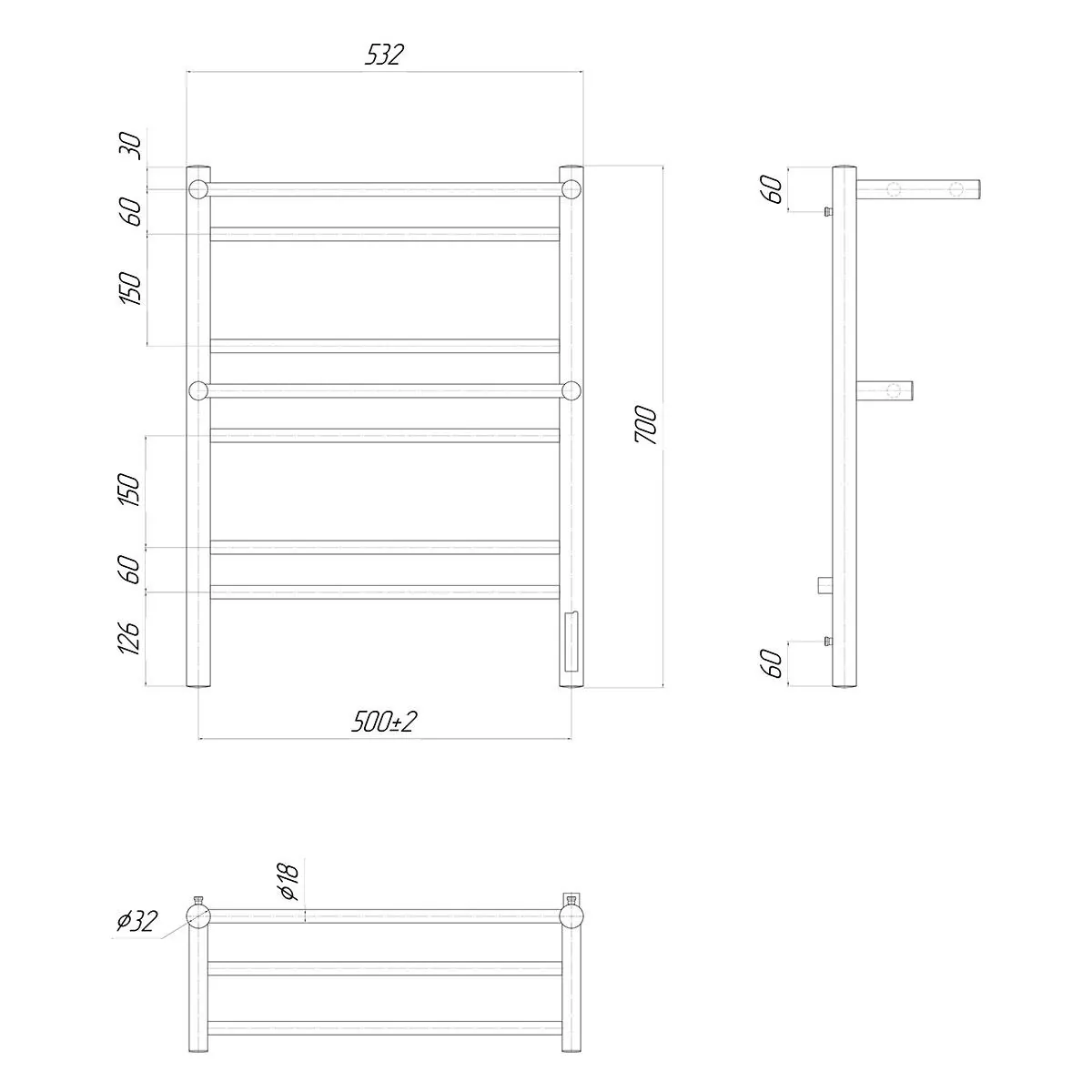 Габаритная схема Полотенцесушитель электрический Lemark Pramen П7 50x70