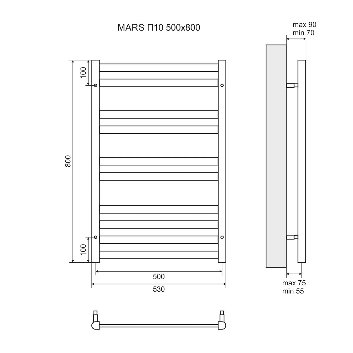 Габаритная схема Полотенцесушитель водяной Lemark Mars П10 50x80
