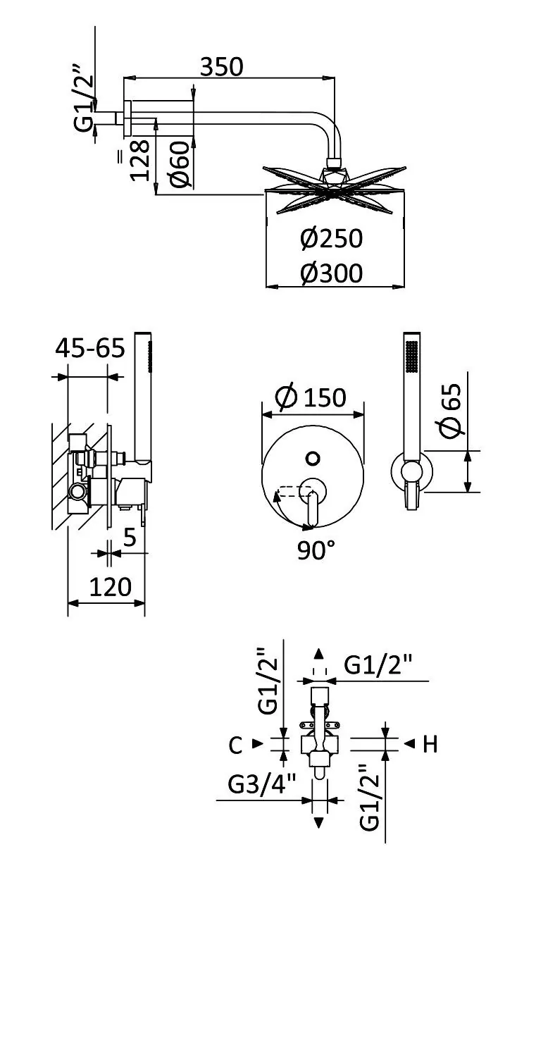 Габаритная схема Душевой комплект Cezares Leaf DSIP-30-L-NOP