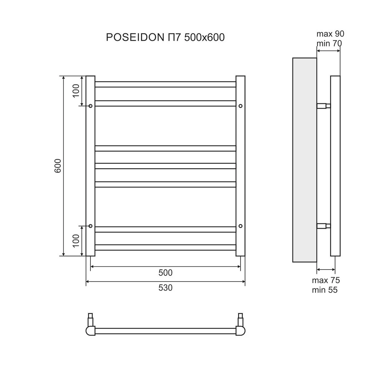 Габаритная схема Полотенцесушитель электрический Lemark Poseidon П7 50x60