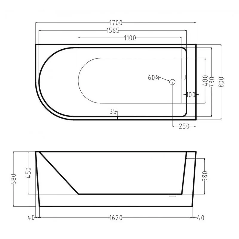 Габаритная схема Акриловая ванна Esbano Afina ESVAAFINL 170x80 L