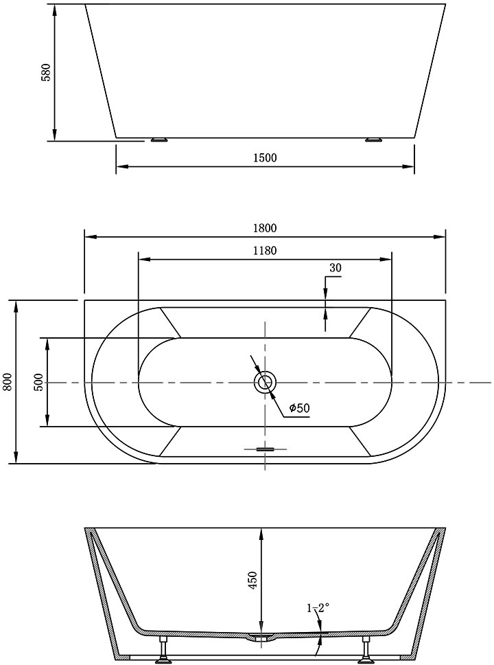 Габаритная схема Акриловая ванна Vincea VBT-421-1800 180x80
