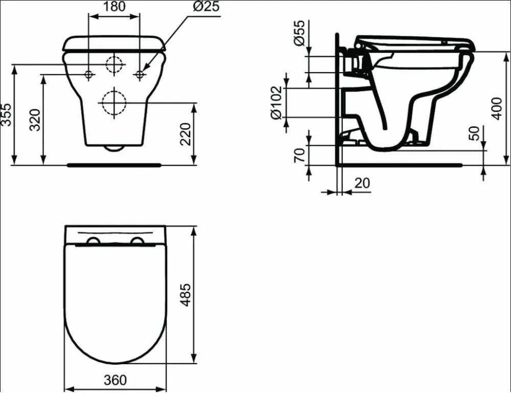 Габаритная схема Комплект Ideal Standard Exacto X022601 (подвесной унитаз + инсталляция + сиденье)