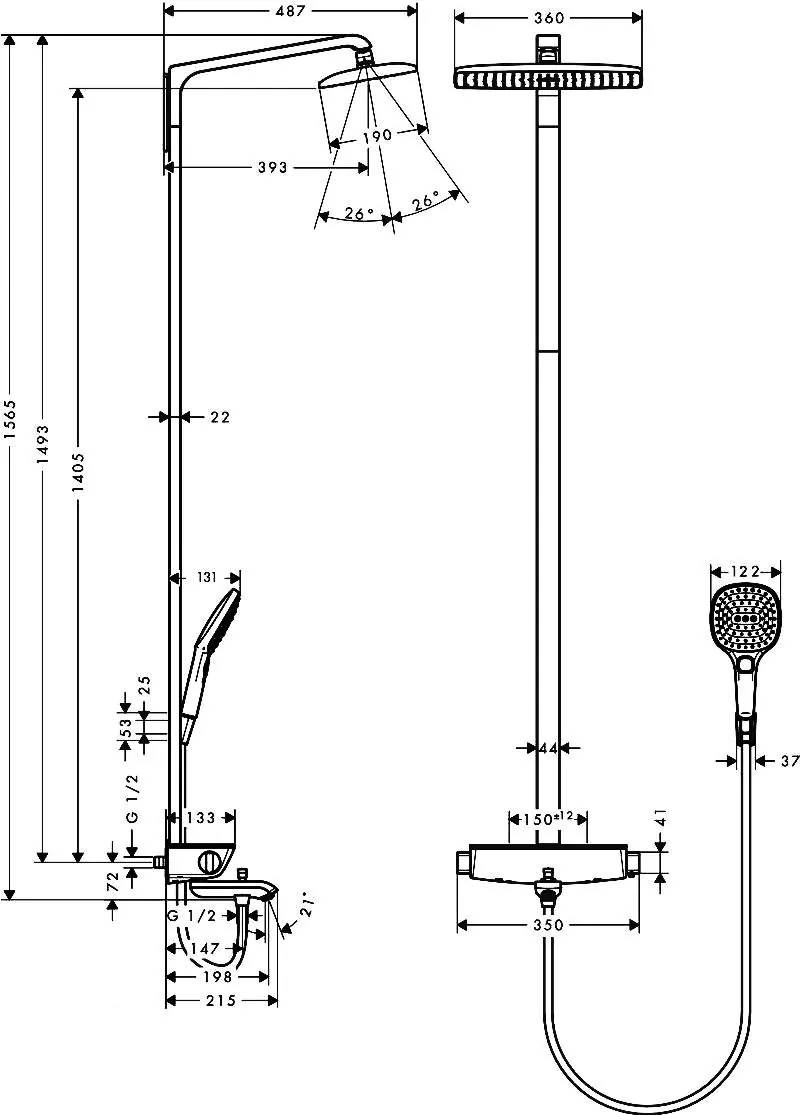Габаритная схема Душевая стойка Hansgrohe Raindance Select E 27113000