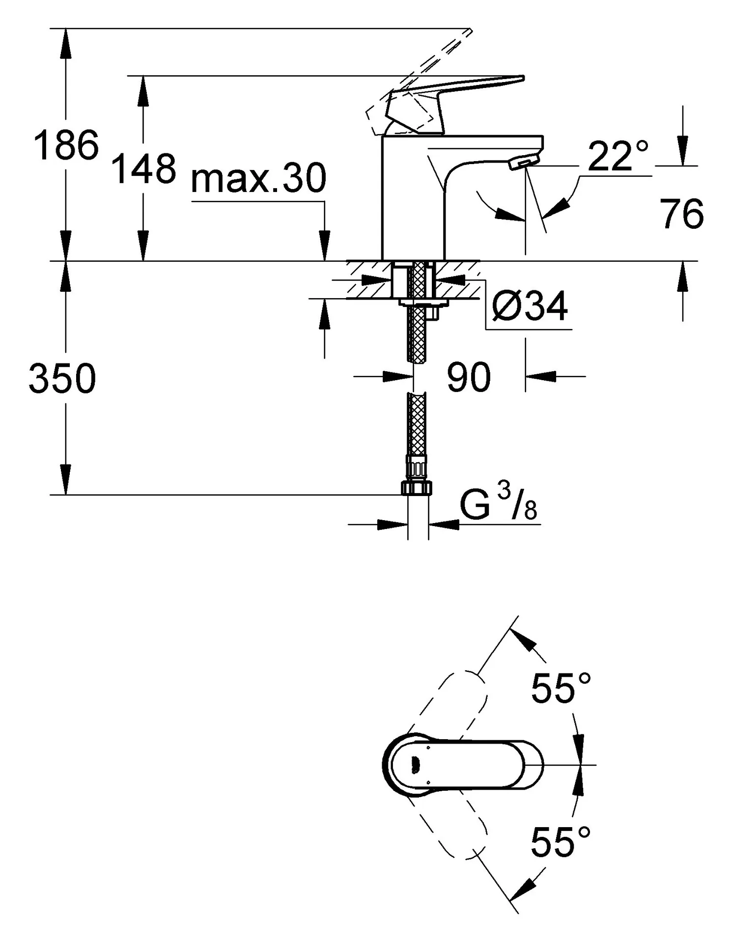 Габаритная схема Смеситель Grohe Eurosmart Cosmopolitan 32824000 для раковины