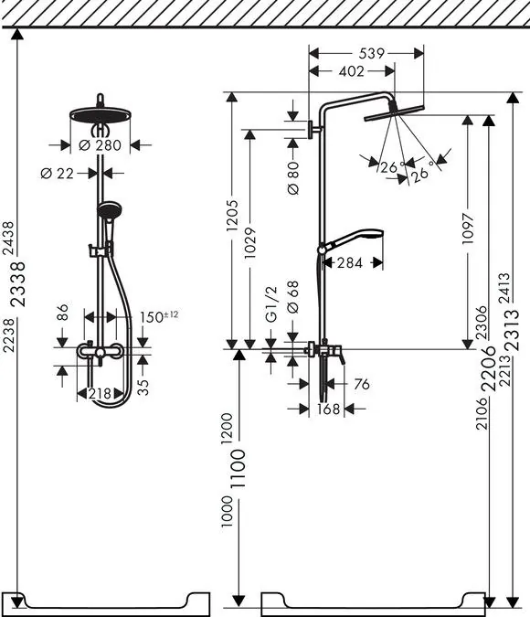 Габаритная схема Душевая стойка Hansgrohe Croma Select S 26791000