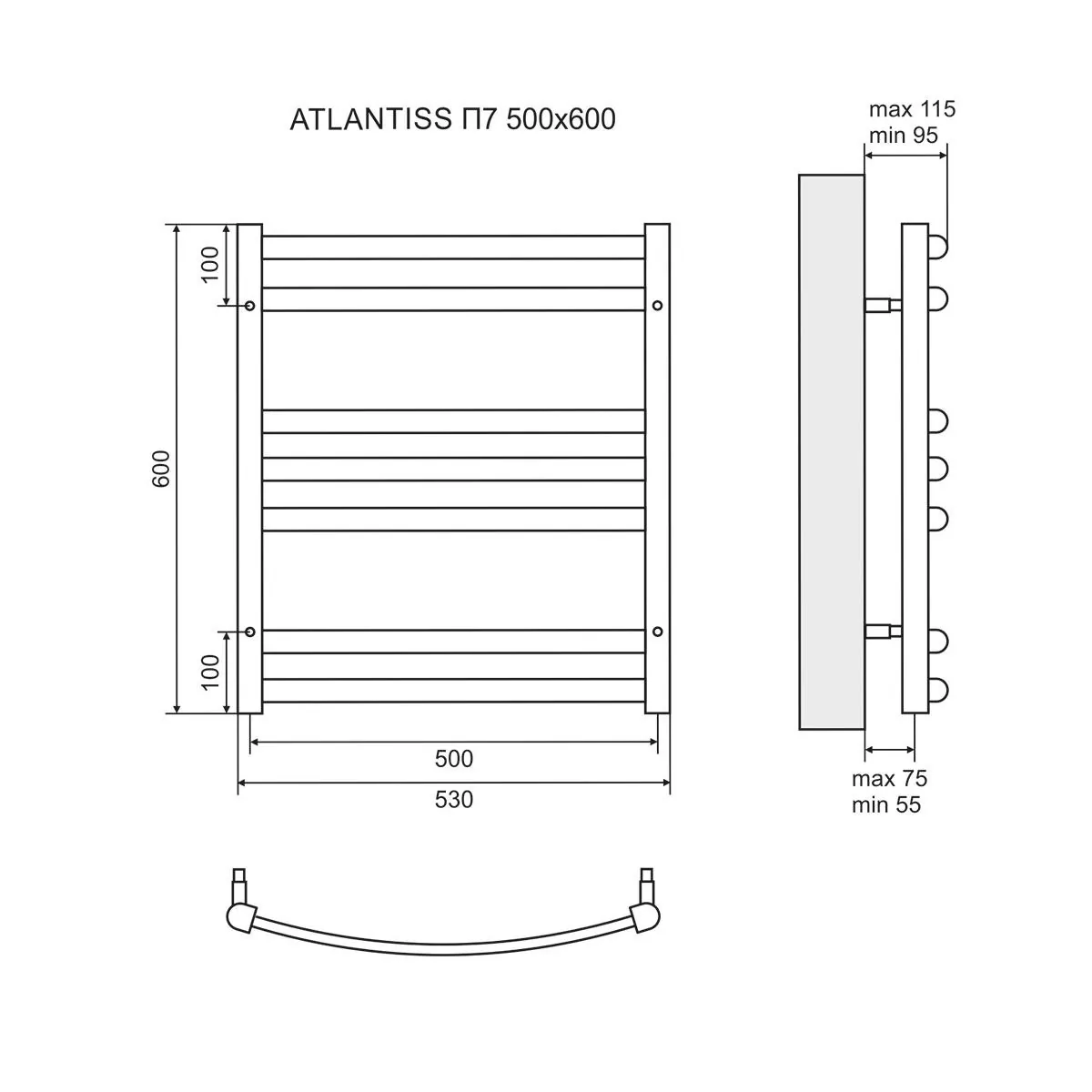 Габаритная схема Полотенцесушитель водяной Lemark Atlantiss П7 50x60, хром