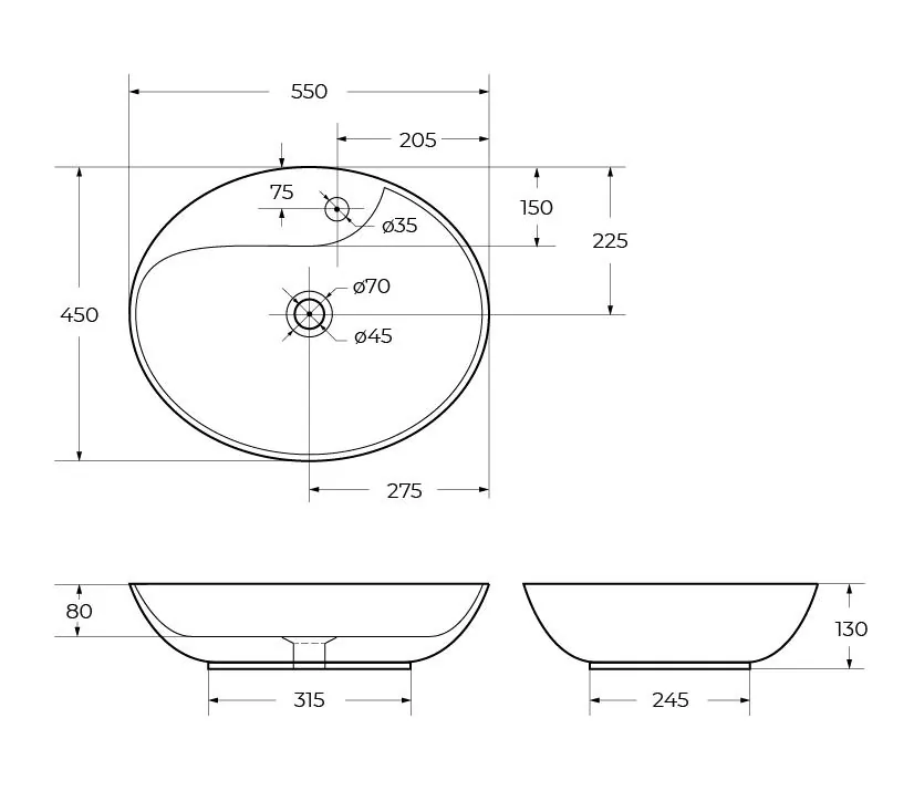 Габаритная схема Раковина BelBagno BB1370 55 см