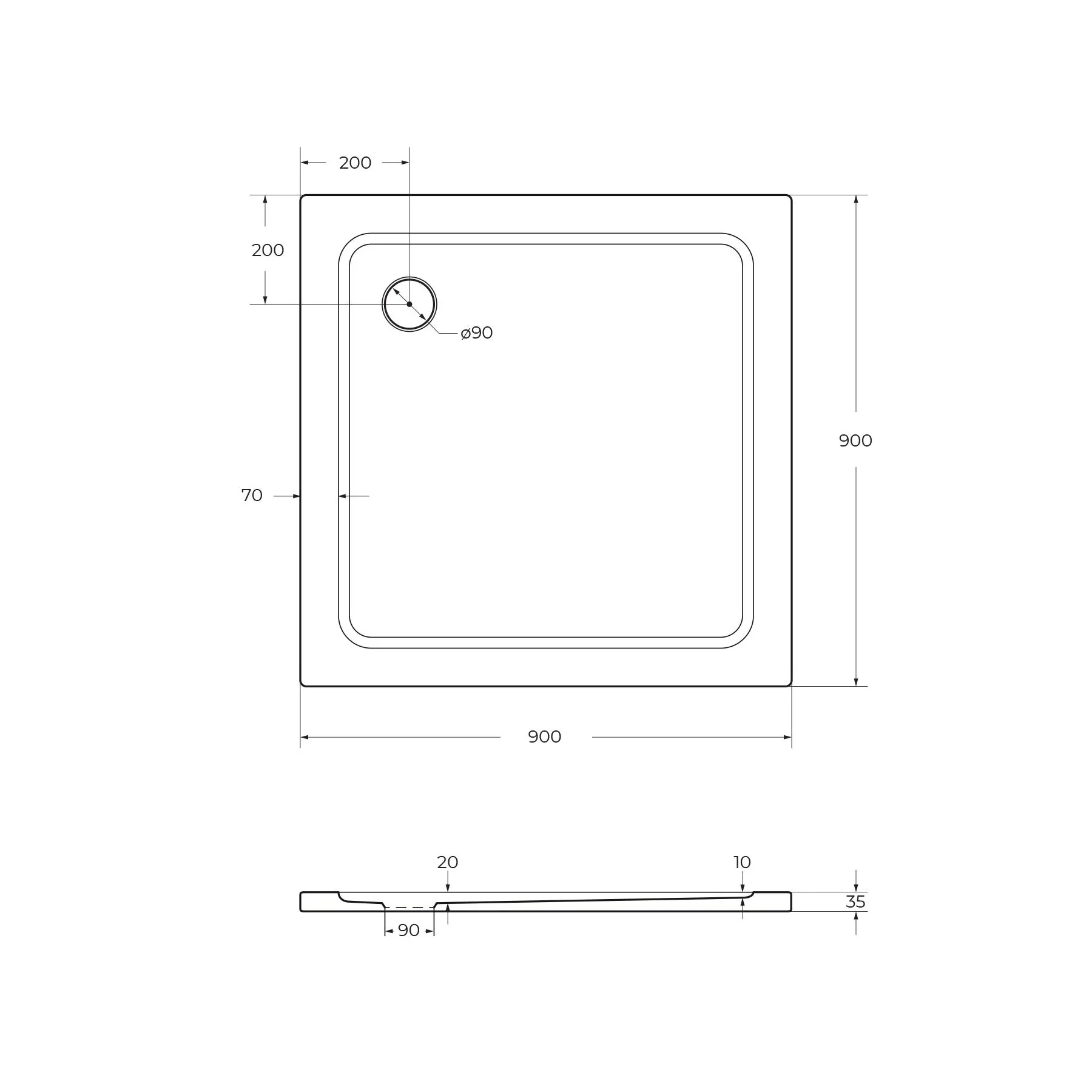 Габаритная схема Поддон для душа Cezares TRAY-M-A-90-35-W