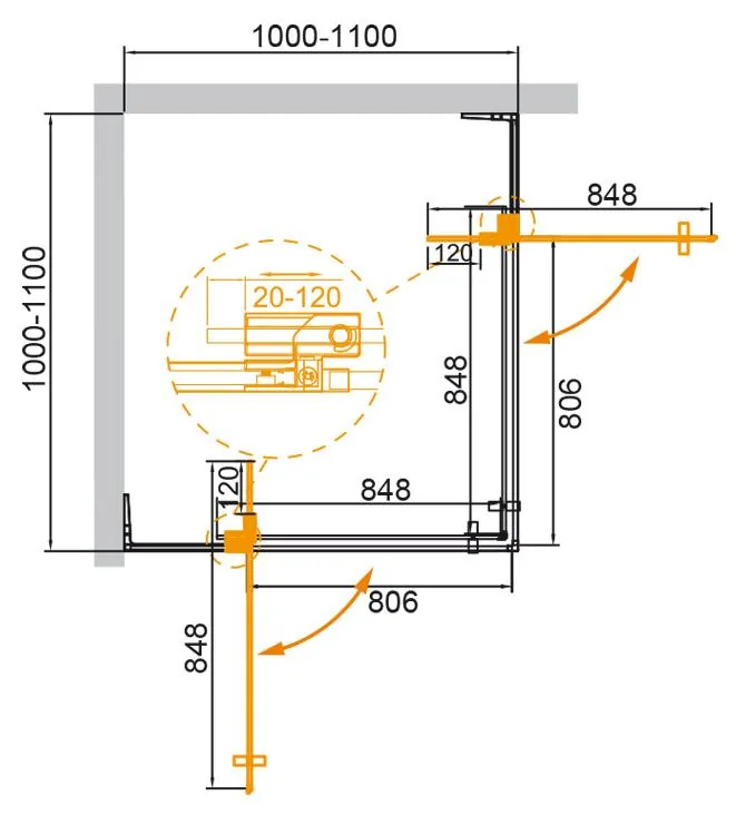 Габаритная схема Душевой уголок Cezares Slider A-2-100/110-C-NERO