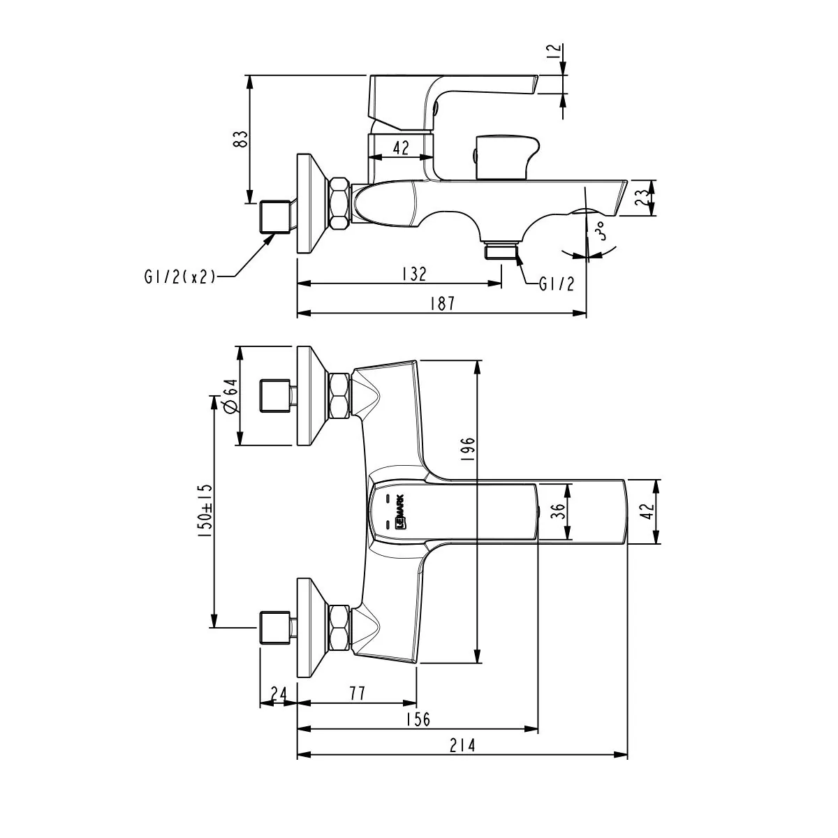 Габаритная схема Смеситель Lemark Ursus LM7214BL для ванны с душем