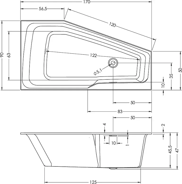 Габаритная схема Акриловая ванна Riho Rething Space 170x90 L